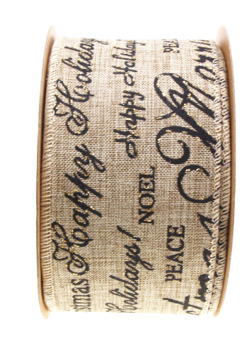 Natural Burlap ribbon with Black Holiday Script Print