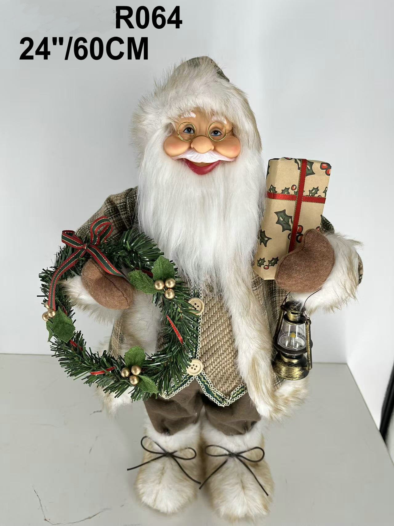 Santa Claus holding Present, Lamp, and Christmas Wreath