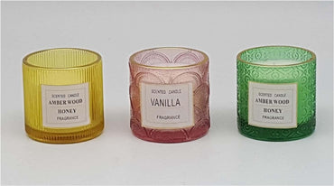 Color Embossed Design Glass Candle Holder with Wax