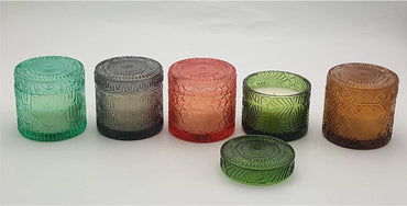 Embossed Design Glass Candle Holder with Wax and Lid