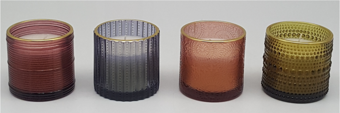 Gold-rimmed Embossed Glass Candle Holder with Wax