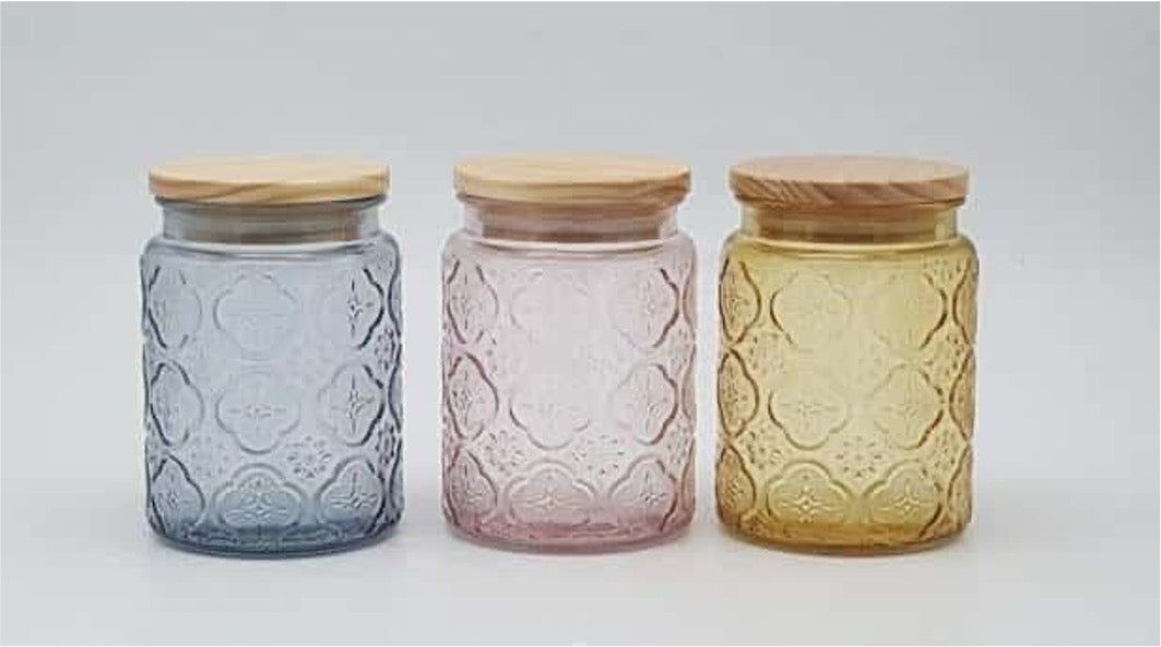 Embossed Glass Canister with Wooden Lids