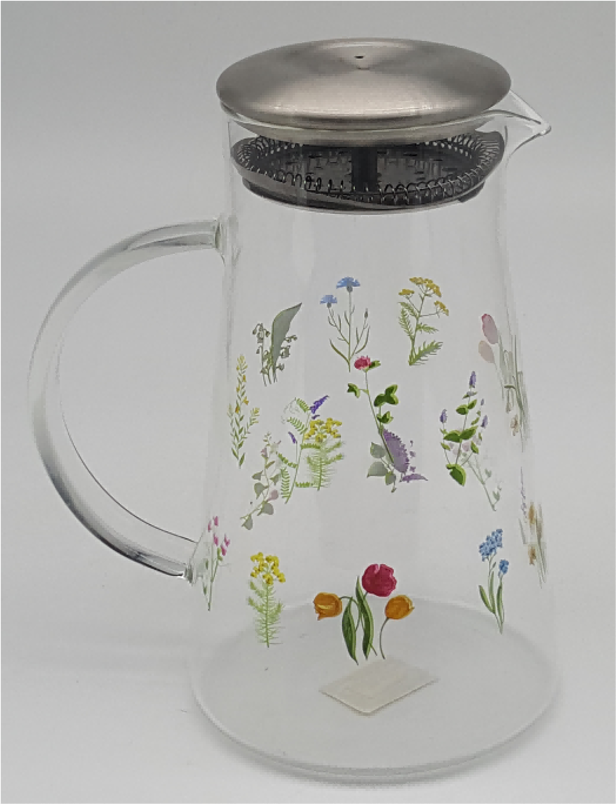 Glass Pitcher with Printed Floral Design