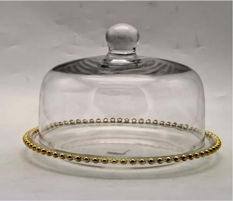 Beaded Gold-rimmed Glass Cake Stand with Dome Cover