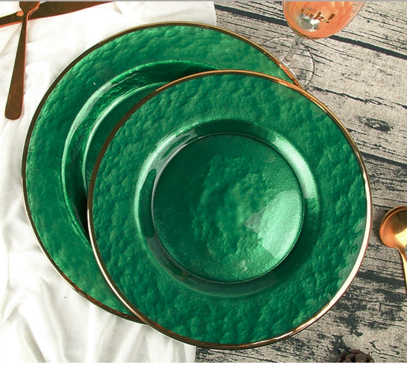 Gold-rimmed Green Glass Charger Plate