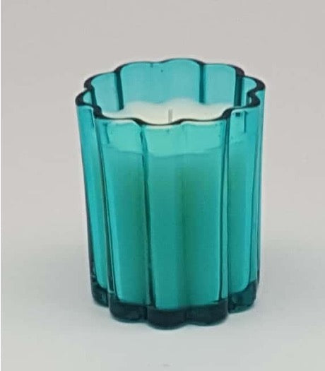 Teal-colored Ribbed Glass Candle Holder with Wax