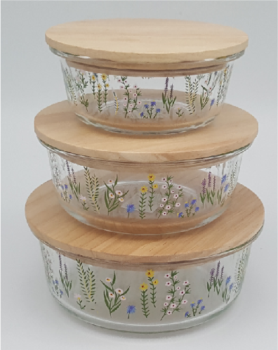 Floral Glass Lunch Box with Wooden Lids