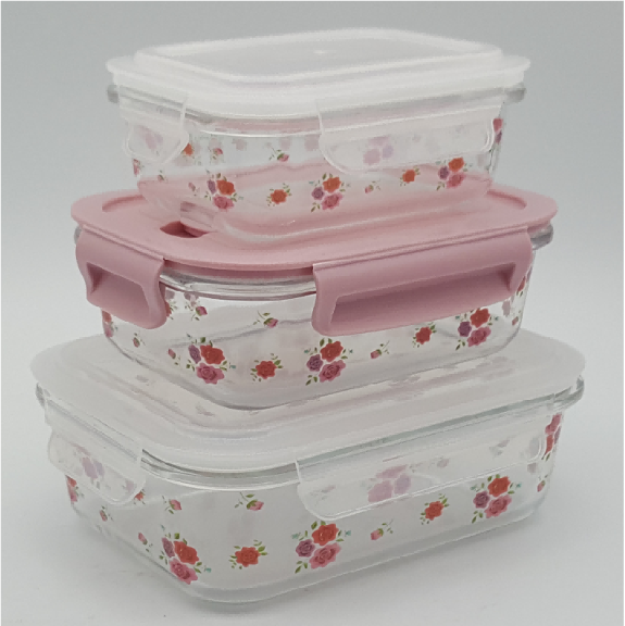 Rose Pattern Glass Lunch Box with Locking Lids