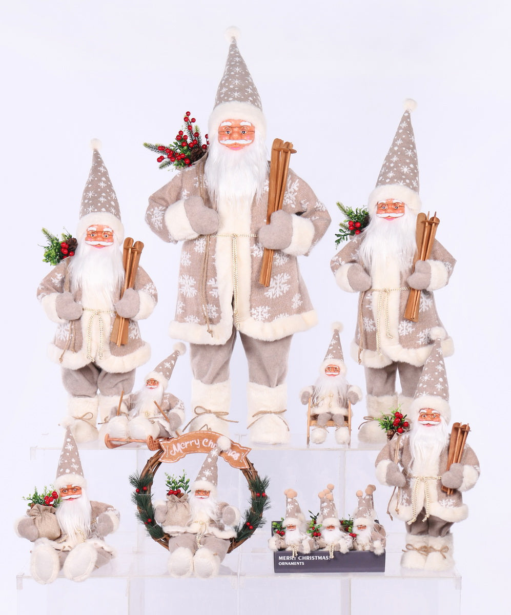 Santa Claus in White and Gray Coat with Gift Bag and Skiing Gear