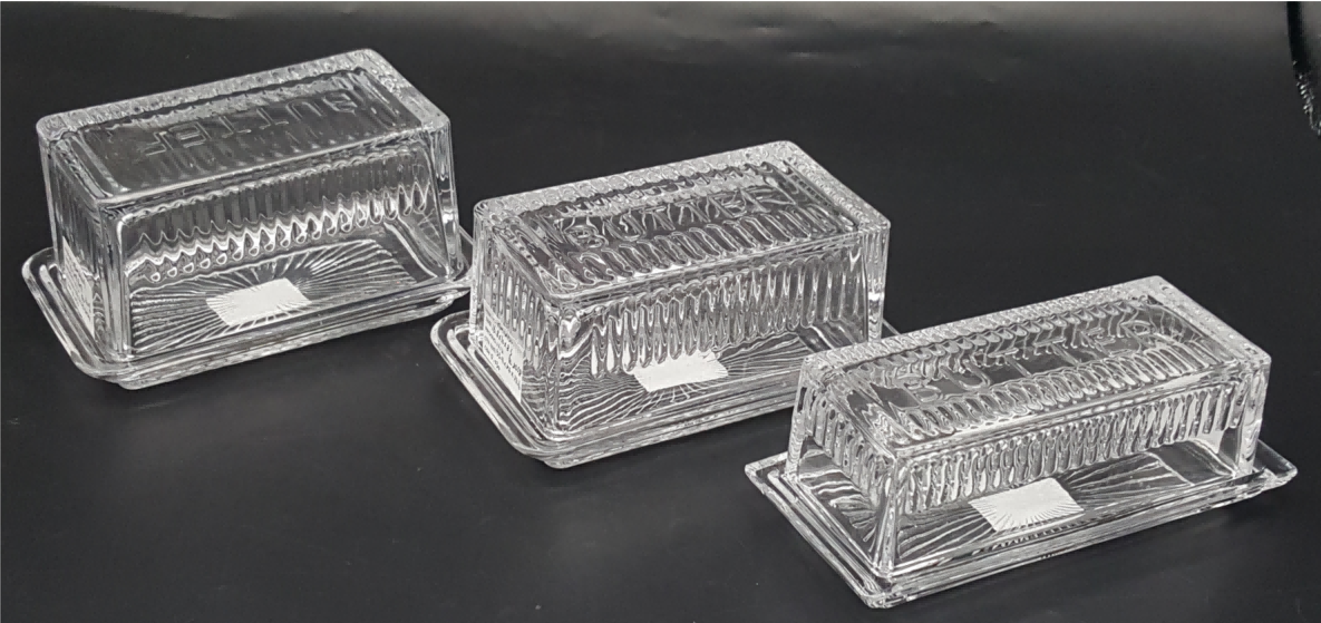 Glass Butter Dish with Butter Embossed Wording Lid