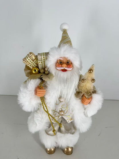 Santa Claus with White and Gold Outfit holding Gift Bag and Christmas Tree