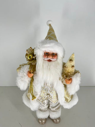 Santa Claus with White and Gold Outfit holding Gift Bag and Christmas Tree