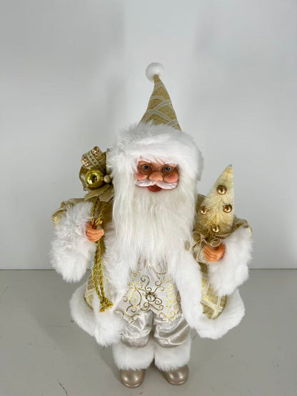 Santa Claus with White and Gold Outfit holding Gift Bag and Christmas Tree