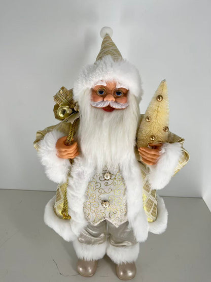 Santa Claus with White and Gold Outfit holding Gift Bag and Christmas Tree