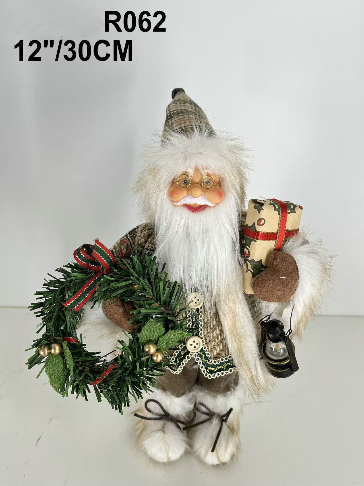 Santa Claus holding Present, Lamp, and Christmas Wreath