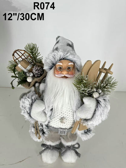 Santa Claus holding Gift Bag and Skiing Gear