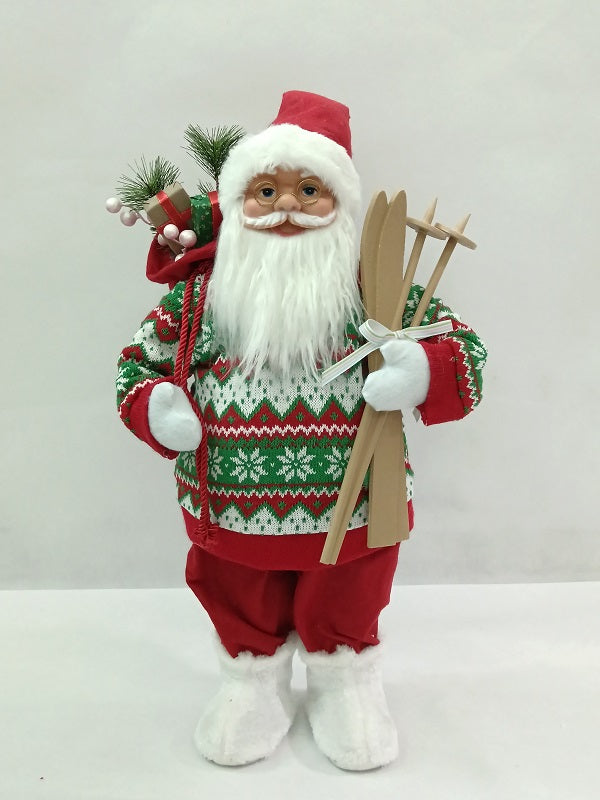 Santa Claus holding Gift Bag and Skiing Gear