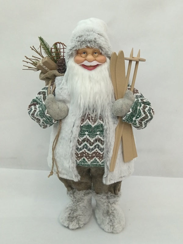 Santa Claus holding Gift Bag and Skiing Gear