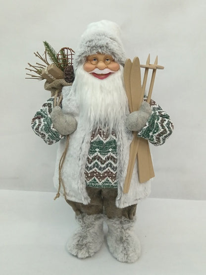 Santa Claus holding Gift Bag and Skiing Gear