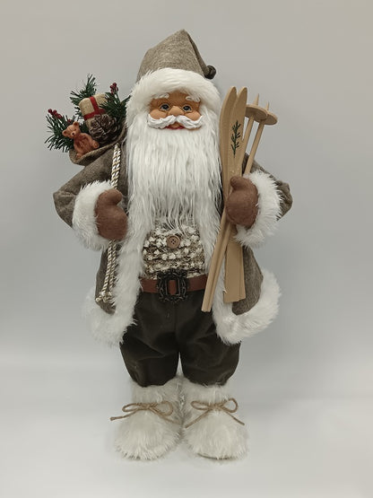 Santa Claus holding Gift Bag and Skiing Gear