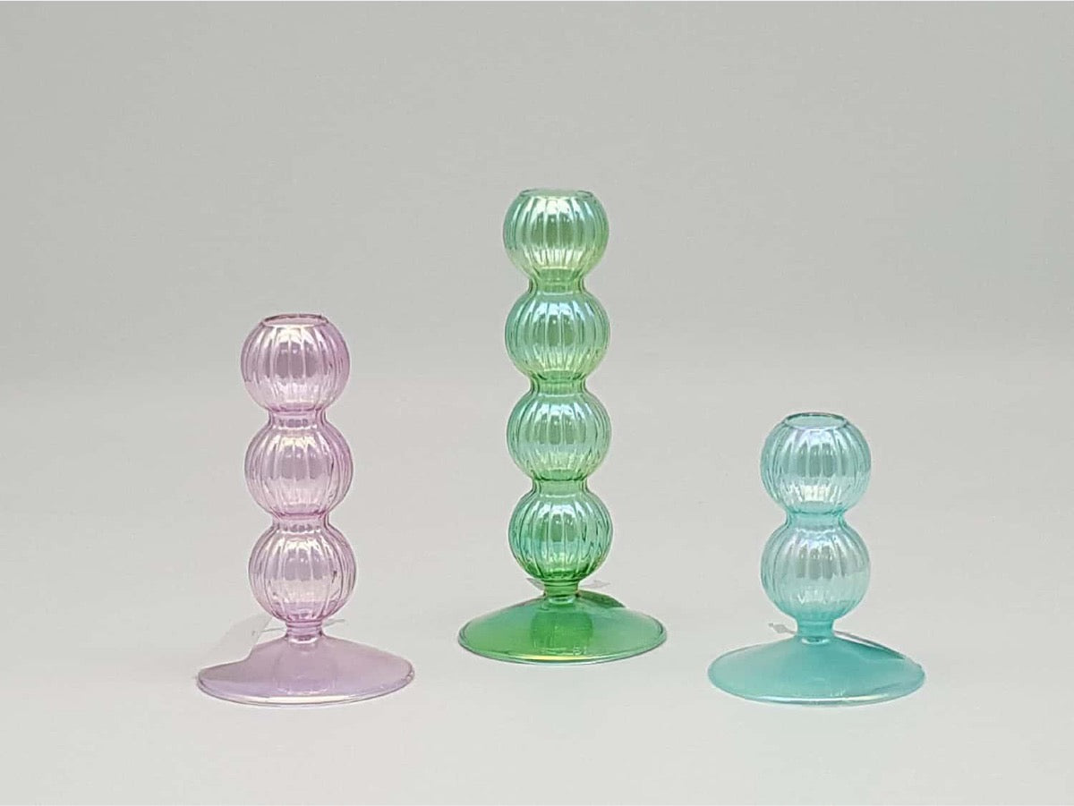 Iridescent Ribbed Glass Candle Holders
