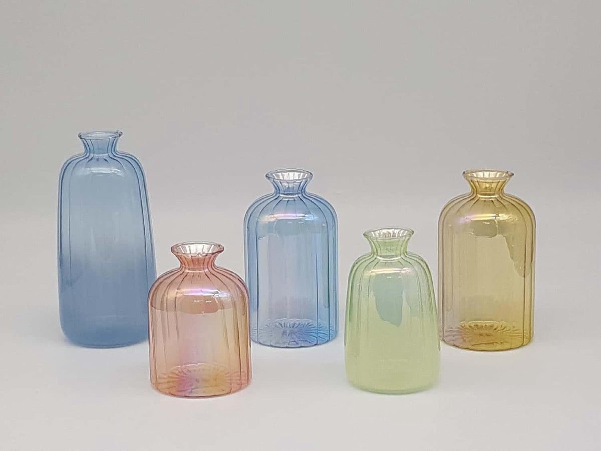 Iridescent Ribbed Glass Bud Vases