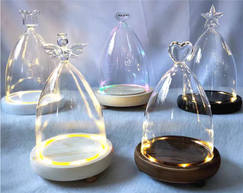 Glass Dome Cloches with Wooden Bases