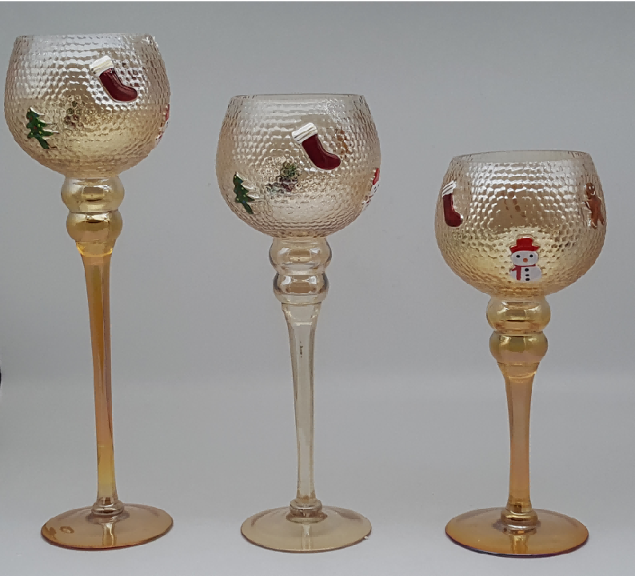 Christmas Themed Embossed Stemmed Glass Candle Holder