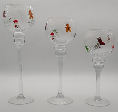 Christmas Themed Embossed Stemmed Glass Candle Holder