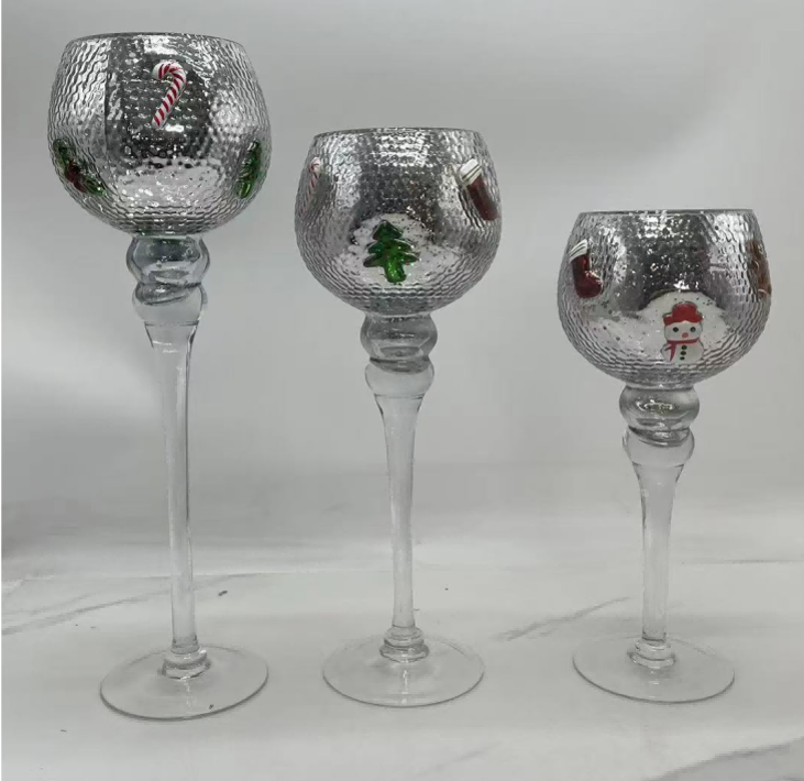 Christmas Themed Embossed Stemmed Glass Candle Holder