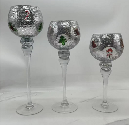 Christmas Themed Embossed Stemmed Glass Candle Holder