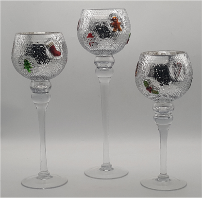 Christmas Themed Embossed Stemmed Glass Candle Holder