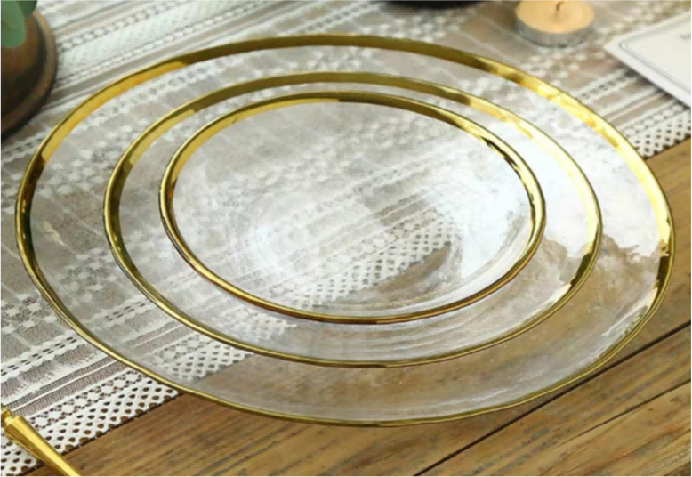 Gold-rimmed Glass Serving Bowl and Plate Set
