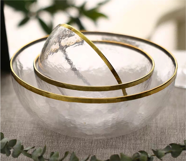 Gold-rimmed Glass Serving Bowl and Plate Set