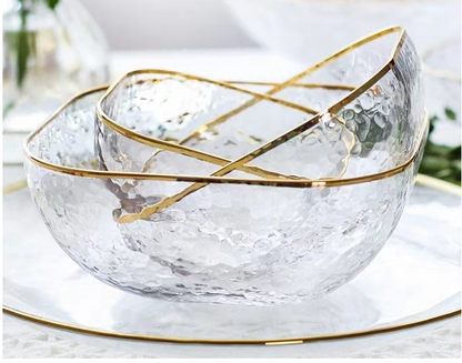 Gold-rimmed Glass Serving Bowl and Plate Set