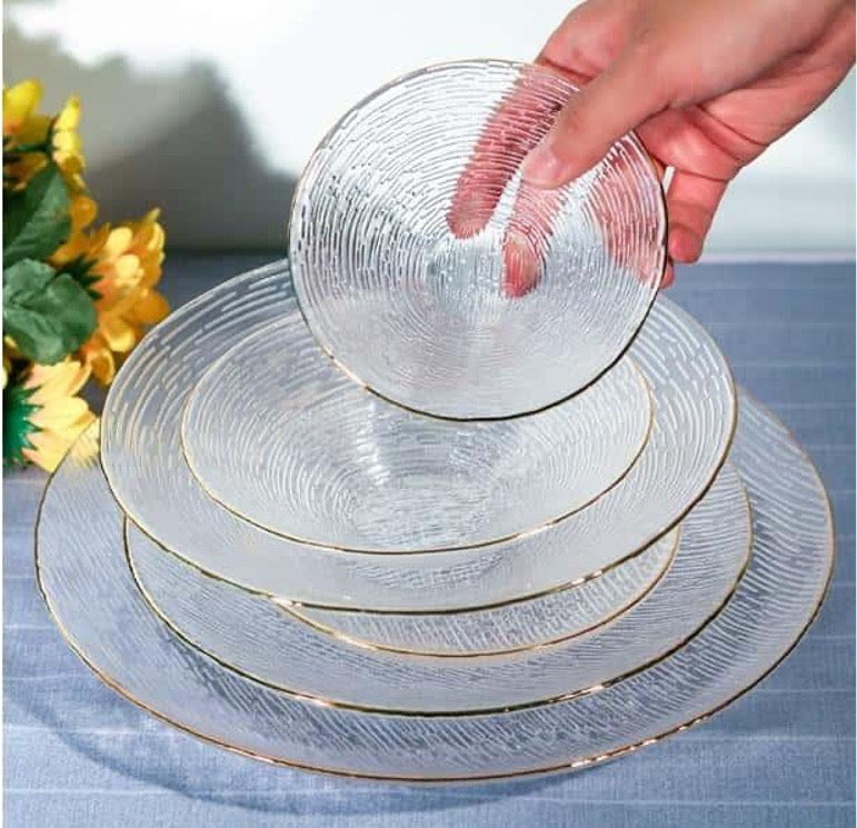 Gold-rimmed Glass Serving Bowl and Plate Set