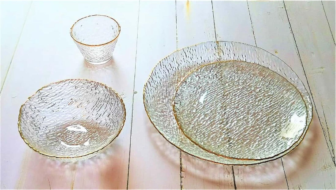 Gold-rimmed Glass Serving Bowl and Plate Set