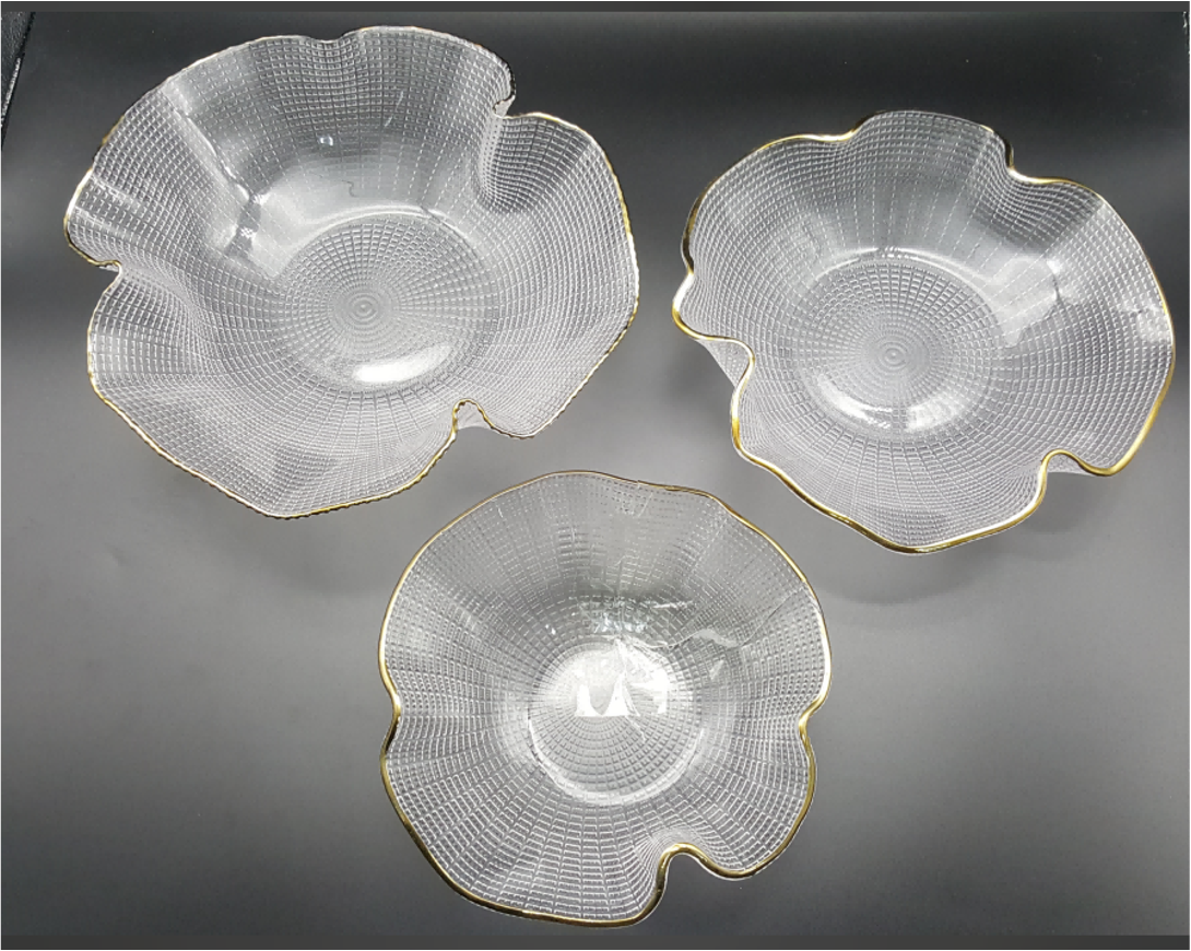 Gold-rimmed Glass Serving Bowl and Plate Set