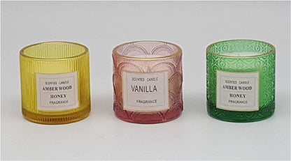 Color Embossed Design Glass Candle Holder with Wax