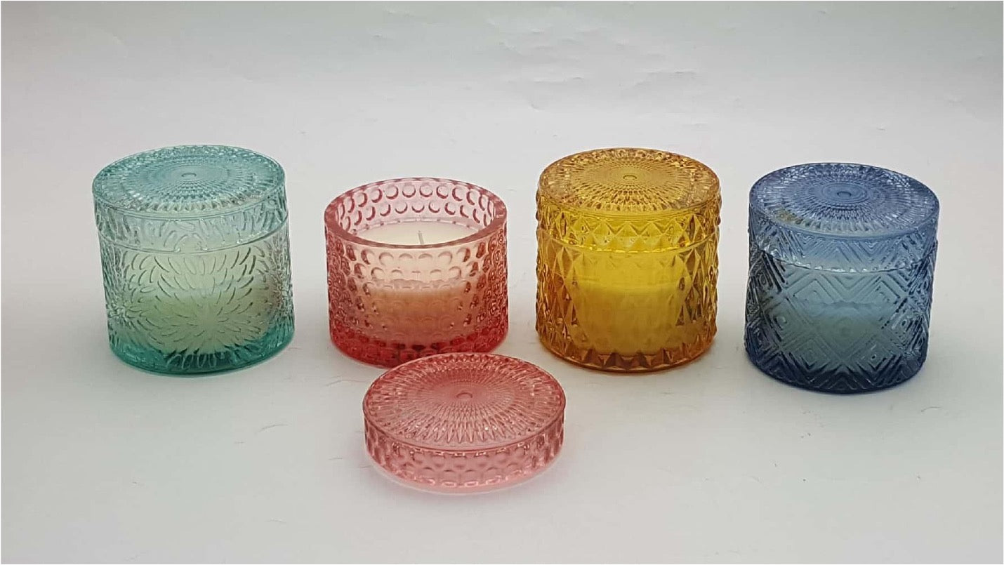 Embossed Design Glass Candle Holder with Wax and Lid