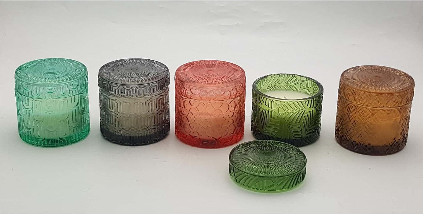 Embossed Design Glass Candle Holder with Wax and Lid