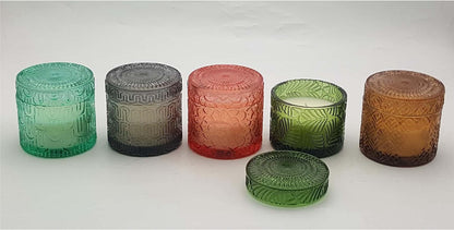 Embossed Design Glass Candle Holder with Wax and Lid