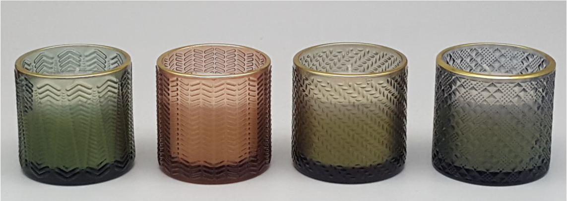 Gold-rimmed Embossed Glass Candle Holder with Wax