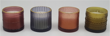 Gold-rimmed Embossed Glass Candle Holder with Wax