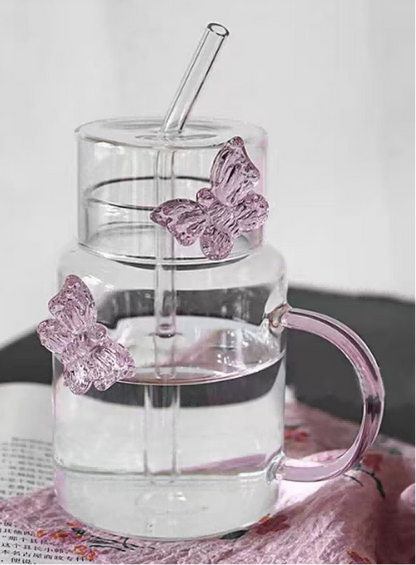 Glass Butterfly Glass Cup with Lid and Straw
