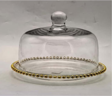 Beaded Gold-rimmed Glass Cake Stand with Dome Cover