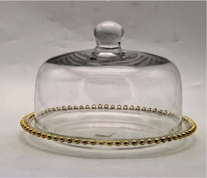 Beaded Gold-rimmed Glass Cake Stand with Dome Cover
