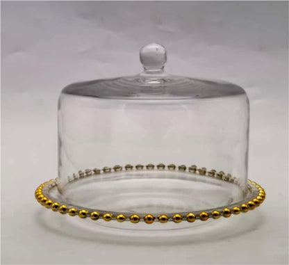 Beaded Gold-rimmed Glass Cake Stand with Dome Cover