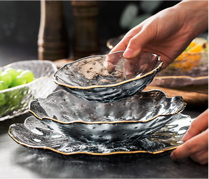 Gold-rimmed Glass Serving Bowl and Plate Set