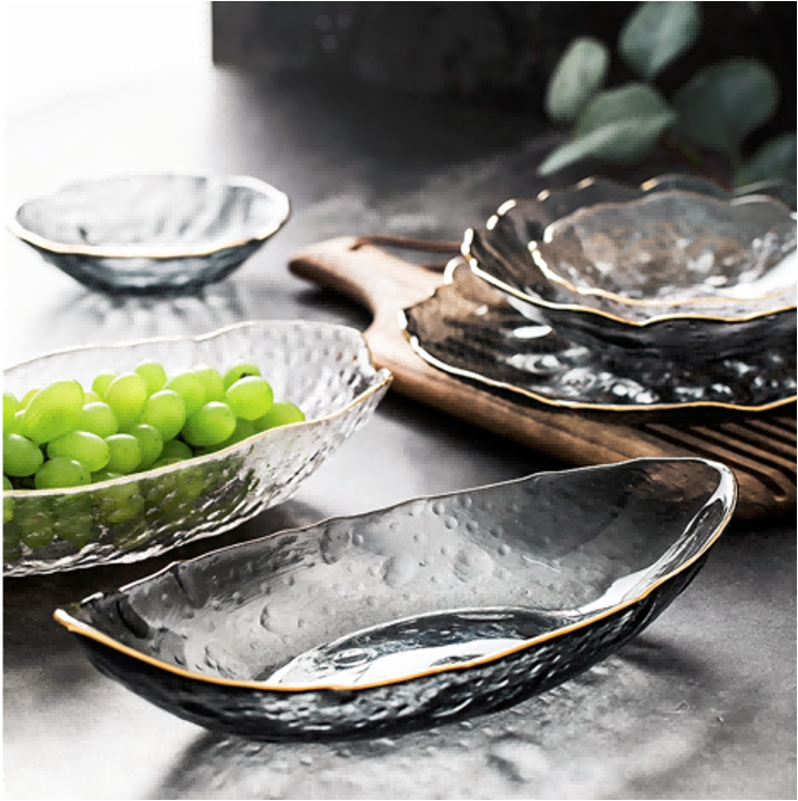 Gold-rimmed Glass Serving Bowl and Plate Set